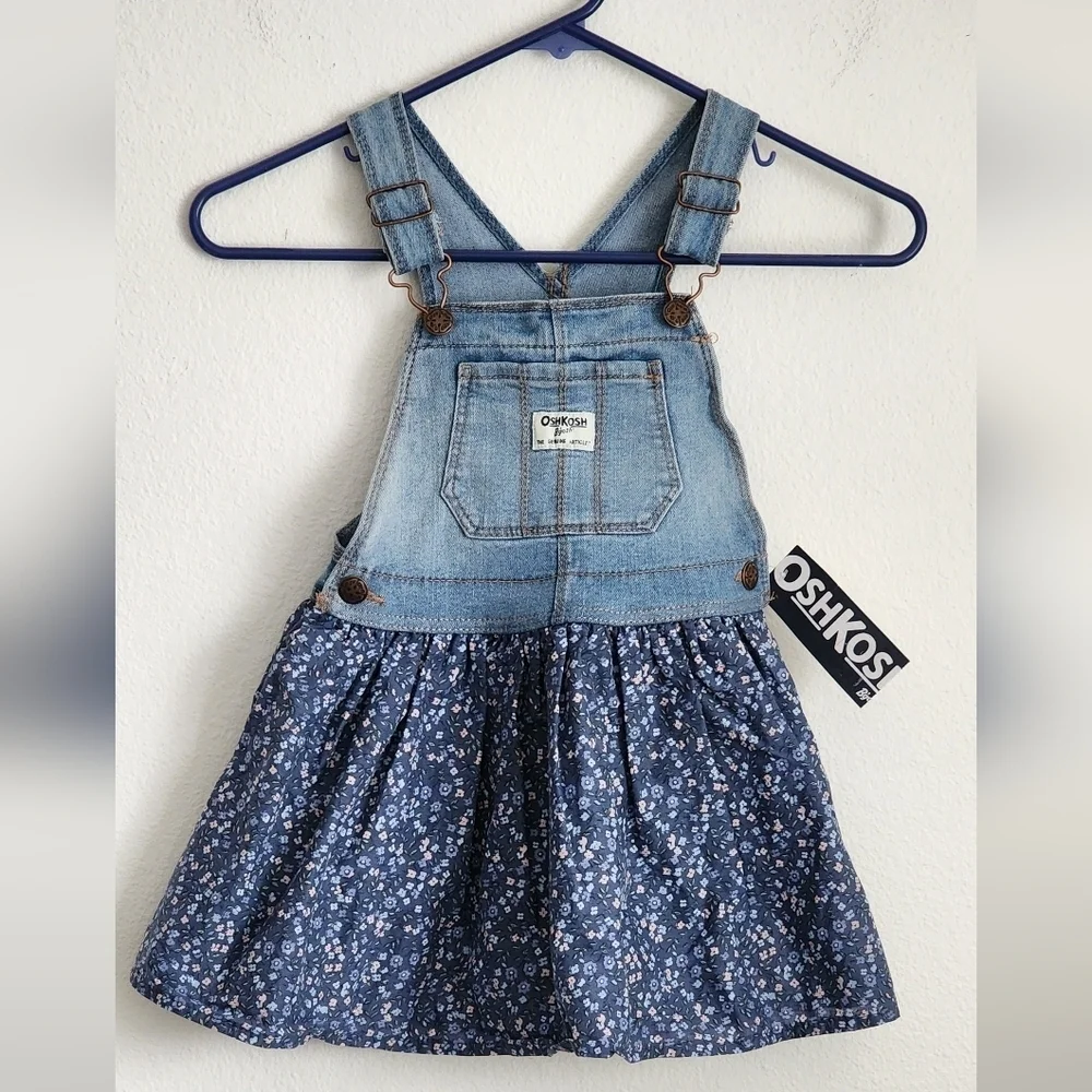 OshKosh B'gosh Blue Floral Overall Toddler Dress Adjustable Straps Sz 4T (NWT)